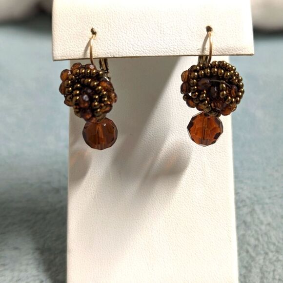 Vintage Liz Claiborne Brown Beaded Pierced Earrings - Picture 5 of 7